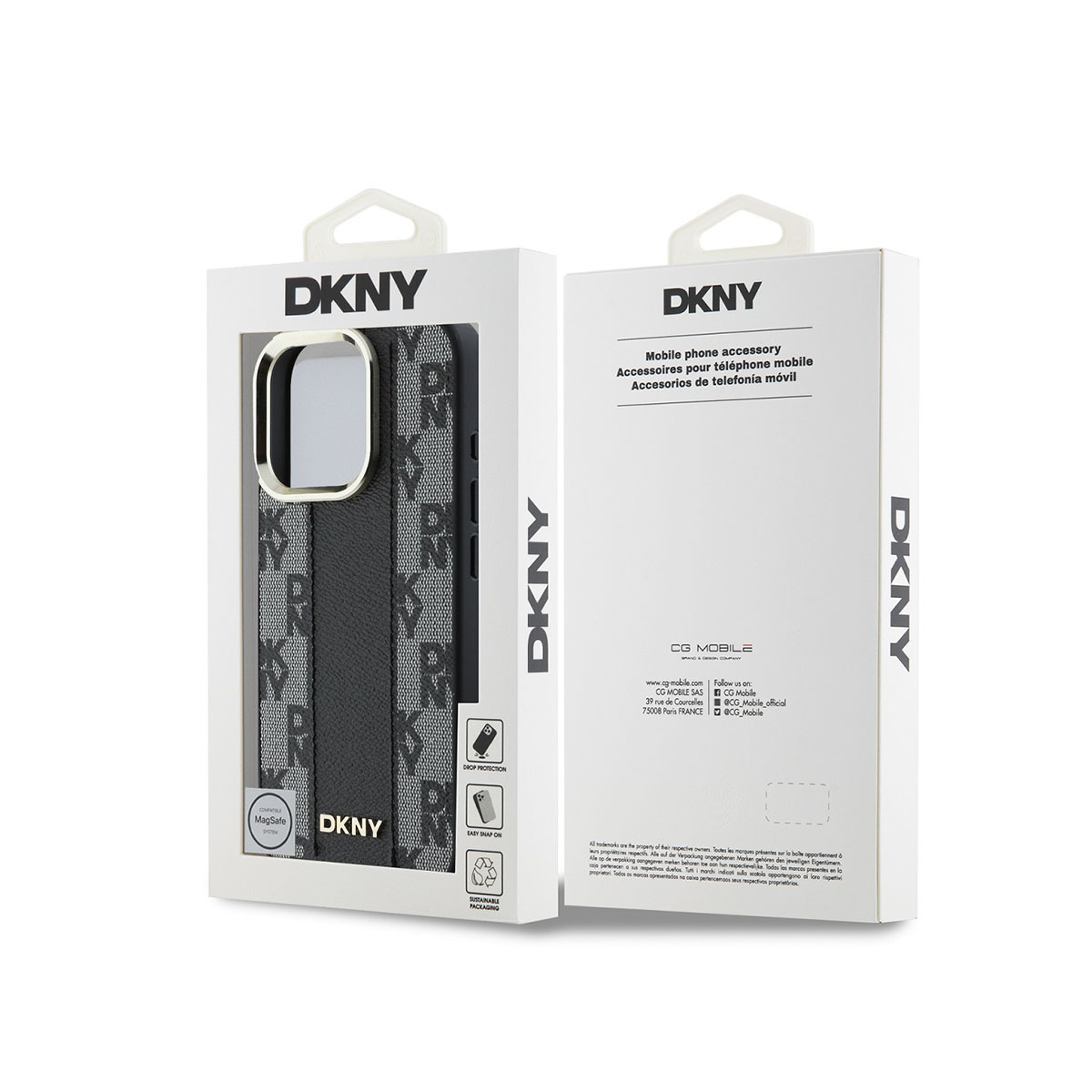 Custodia DKNY con MagSafe, protezione caduta e facile aggancio. Imballaggio sostenibile.