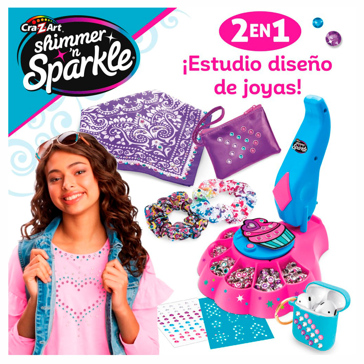 Niña con kit de joyería: gemas, accesorios para el cabello, máquina de dijes.