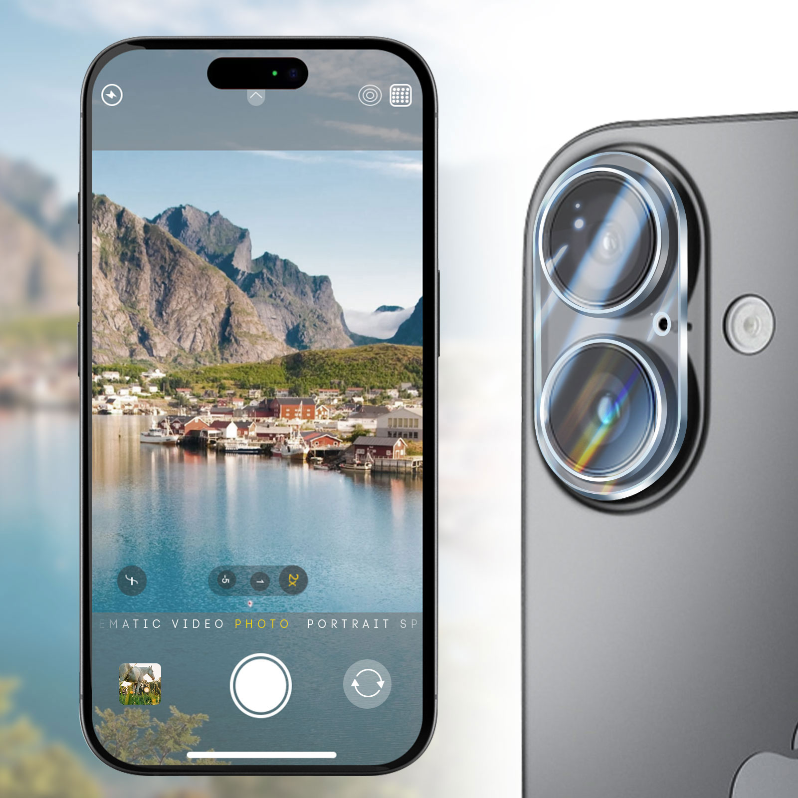 Un smartphone muestra un pintoresco pueblo costero con montañas de fondo.