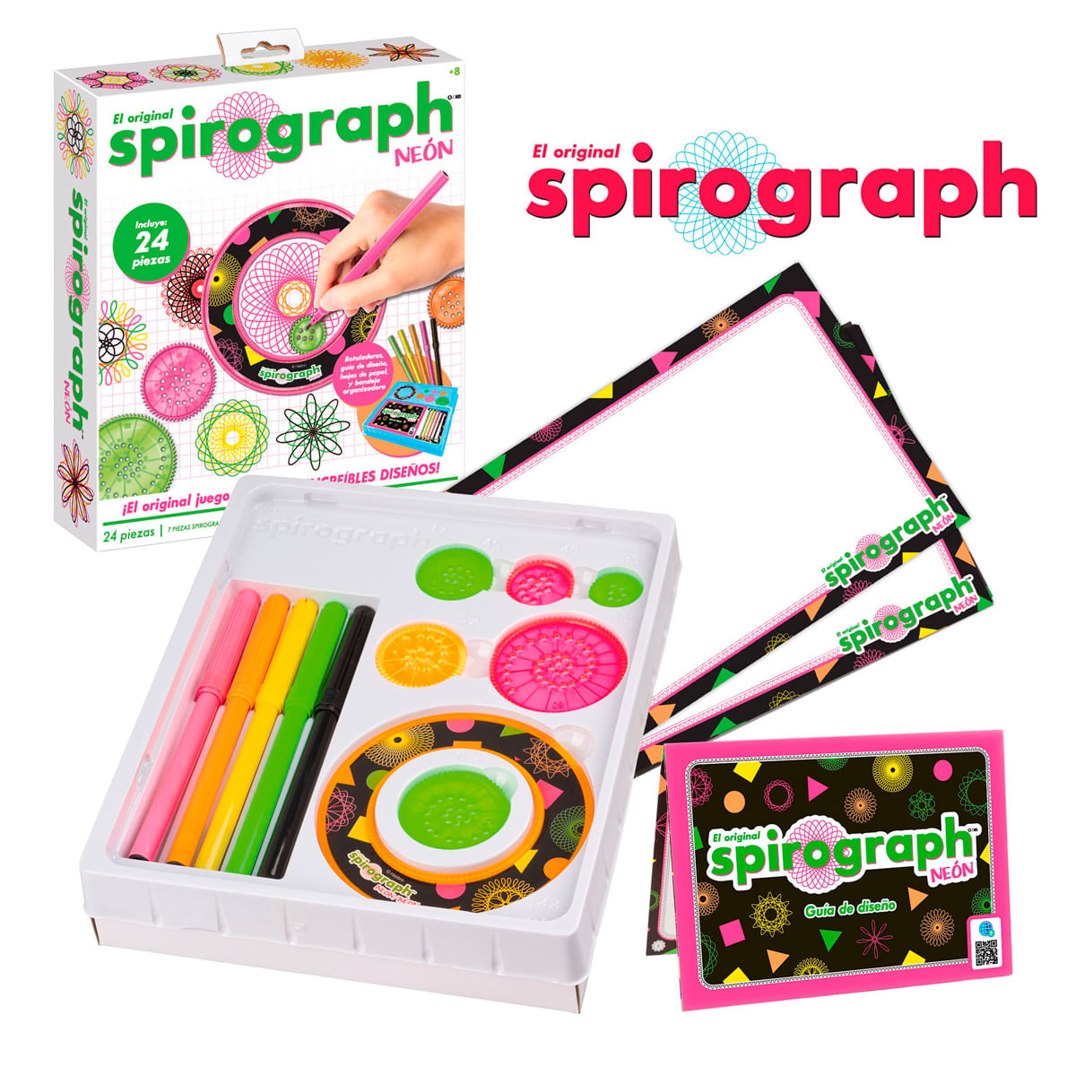 Set de arte Spirograph Neón con marcadores, engranajes, papel y guía.