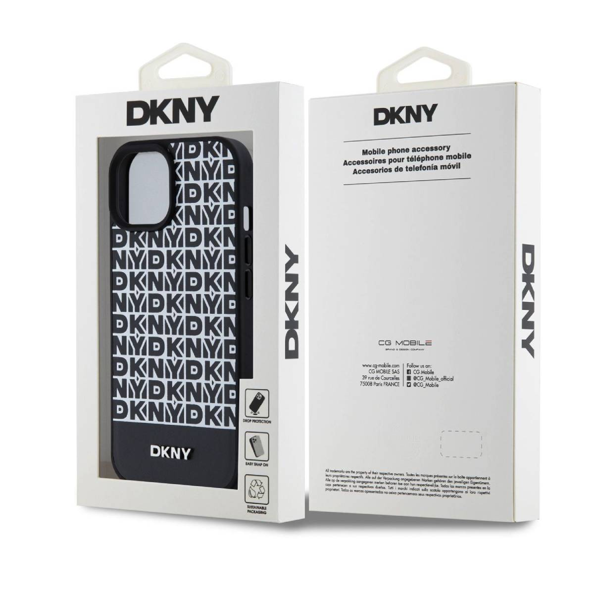 Custodia per telefono DKNY in confezione bianca con motivo ripetuto logo DKNY.