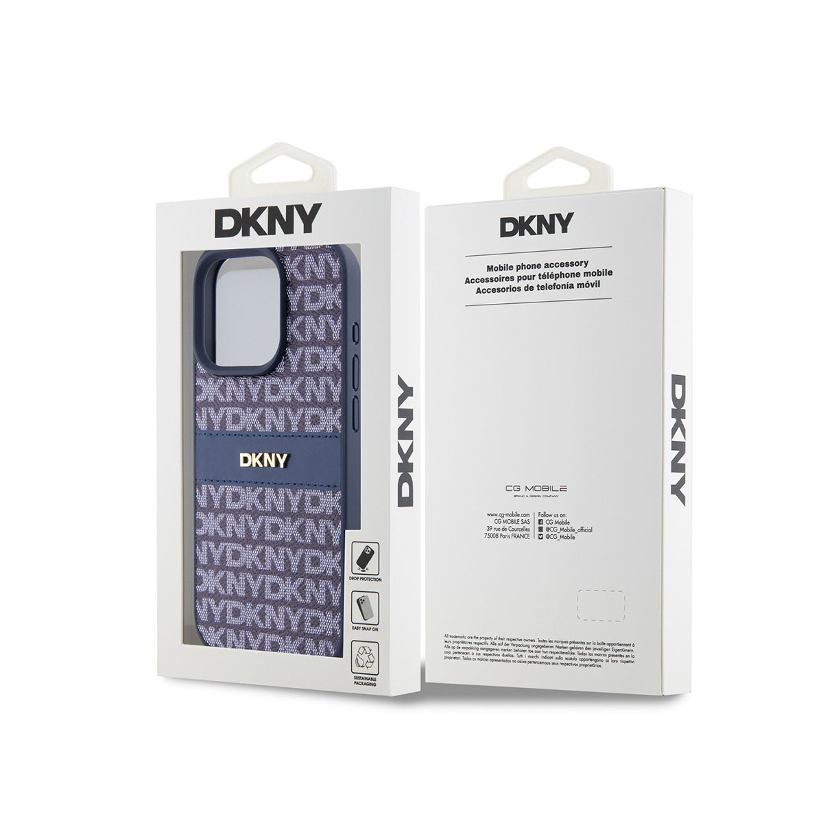 Custodia per telefono DKNY blu scuro con monogramma e confezione.
