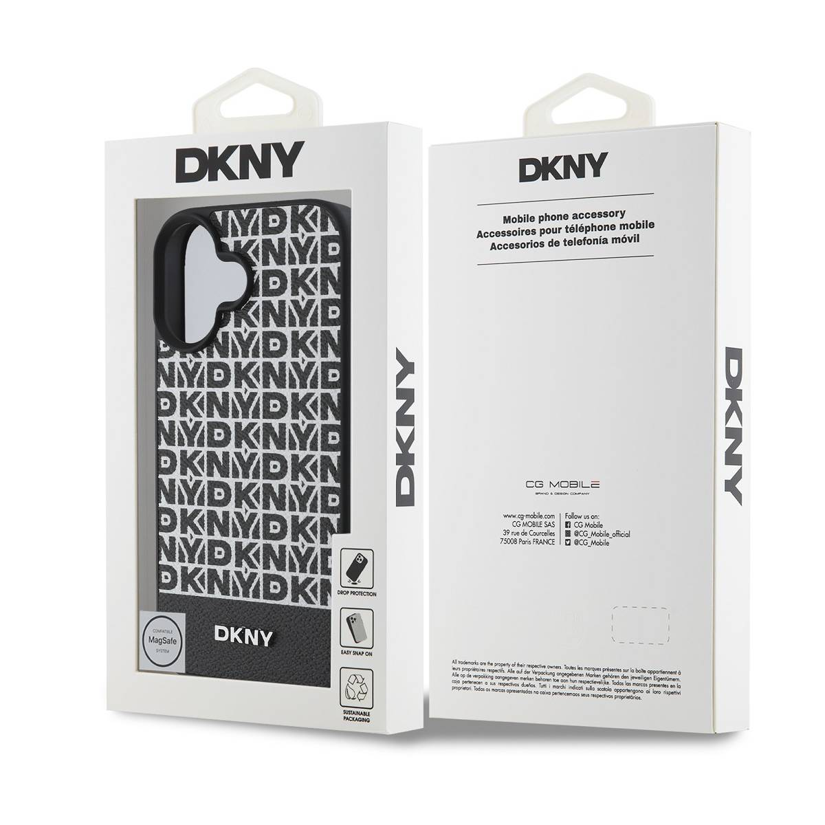 Confezione per custodia telefono DKNY con motivo logo ripetuto e compatibilità MagSafe.