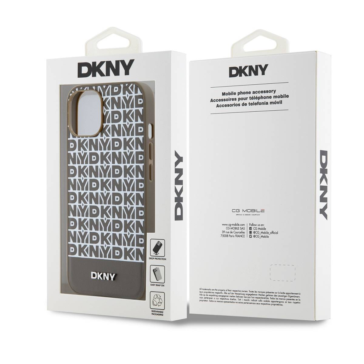 Confezione con custodia per telefono con motivo logo DKNY e informazioni prodotto.