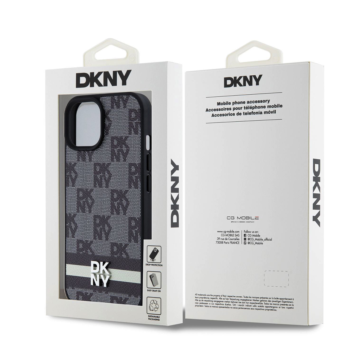 Custodia per telefono DKNY con motivo monogramma in confezione bianca.