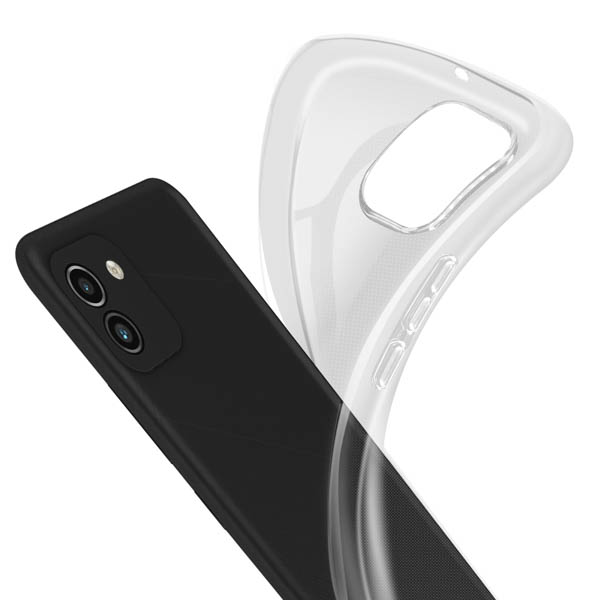 Uno smartphone nero con una custodia protettiva trasparente vista da dietro.