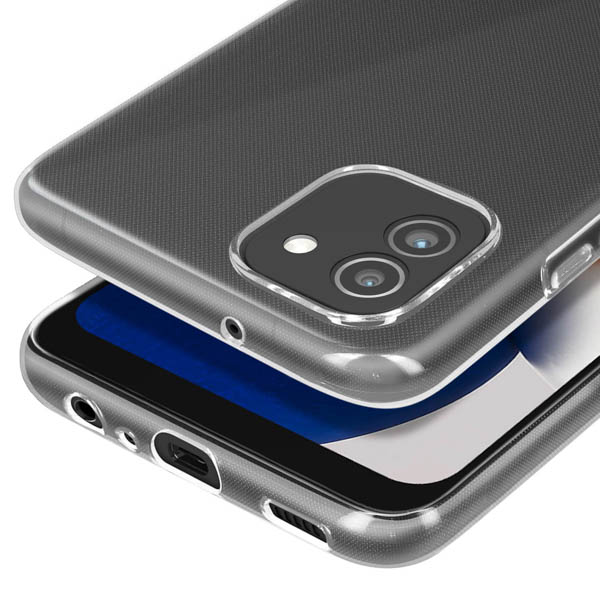 Custodia trasparente per telefono mostra due fotocamere, flash e porta di ricarica.