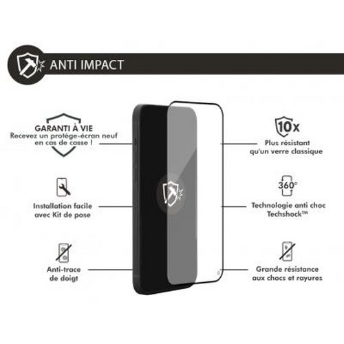Screen protector for a smartphone, with text about impact resistance and warranty.