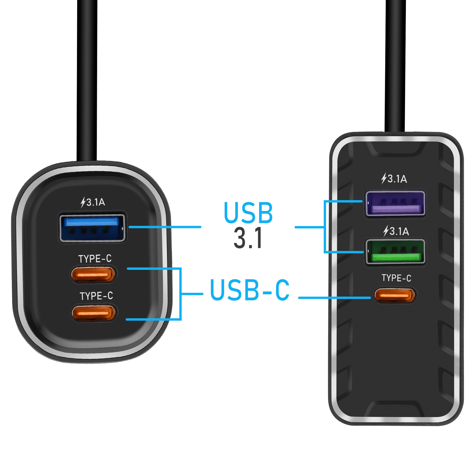 Due caricatori USB neri con porte USB-A, USB-C e Type-C.