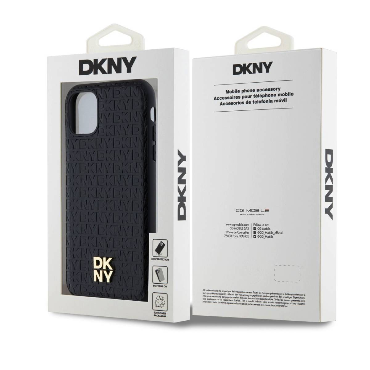 Custodia nera DKNY con logo ripetuto su confezione bianca.