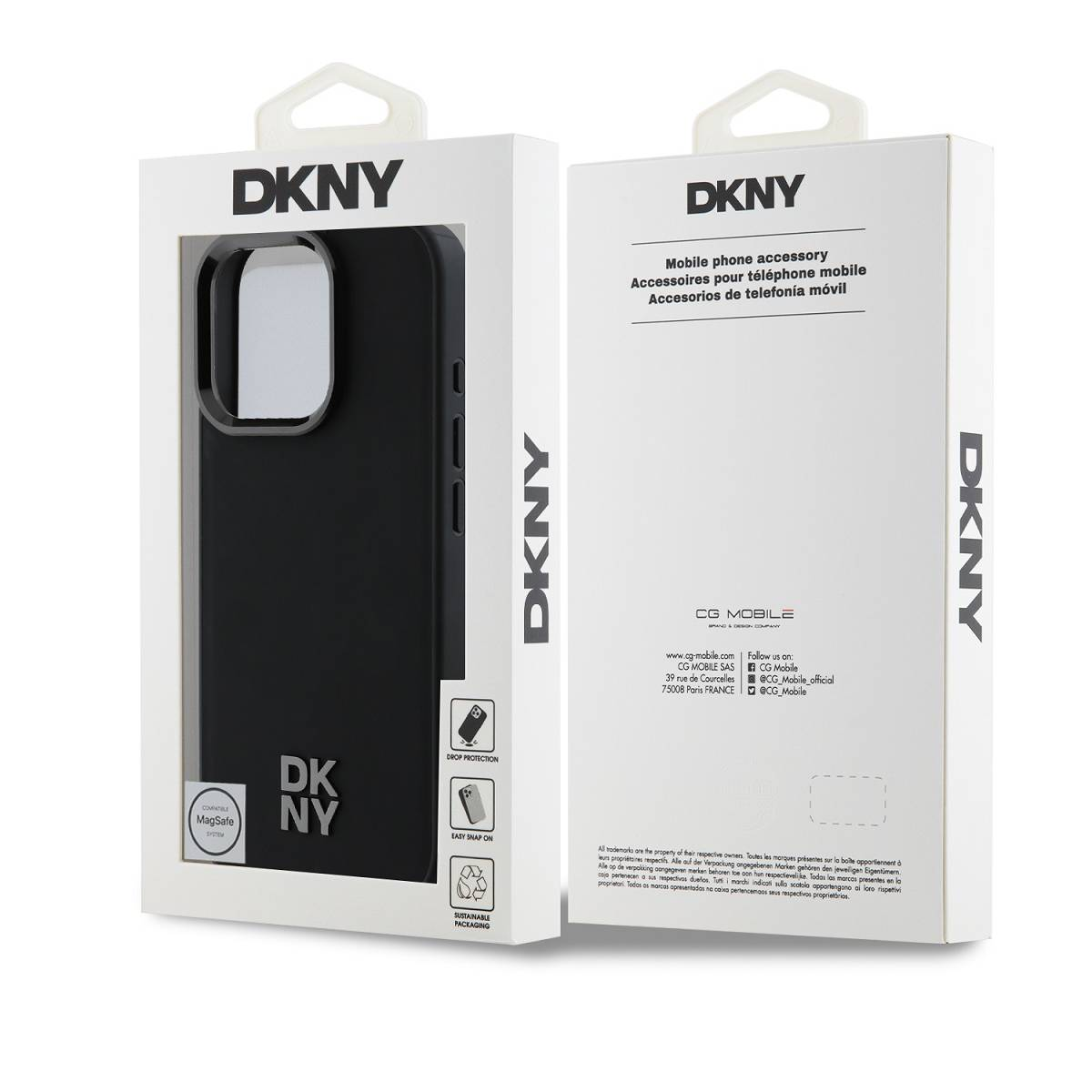 Custodia nera DKNY per telefono con MagSafe in confezione bianca con info.