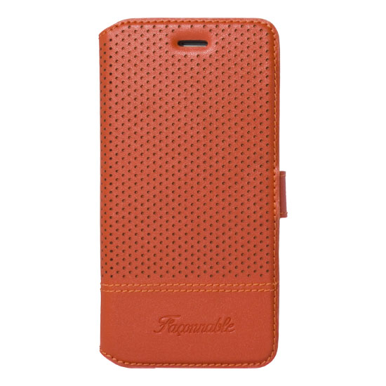 Custodia per telefono arancione traforata con logo. Chiusa.