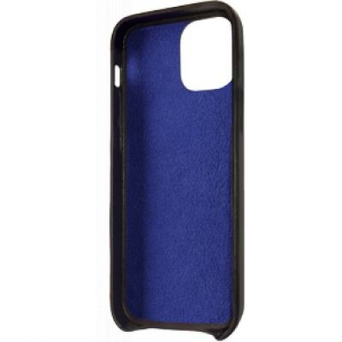 Custodia nera per telefono con fodera blu, retro esposto.