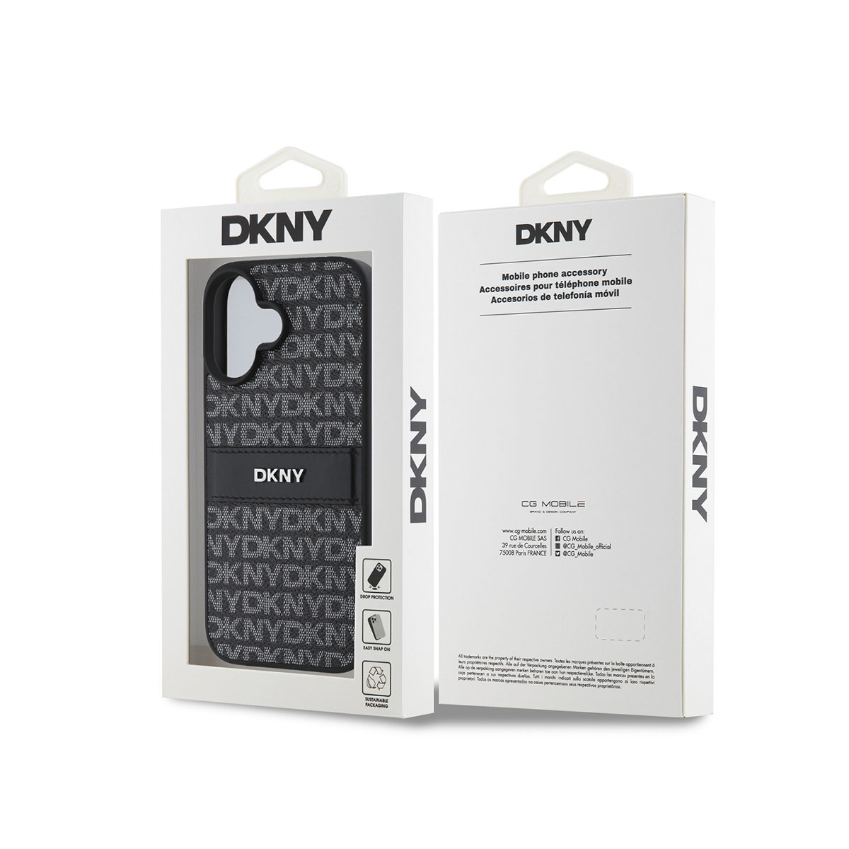 Custodia DKNY con logo ripetuto, nella sua confezione bianca.