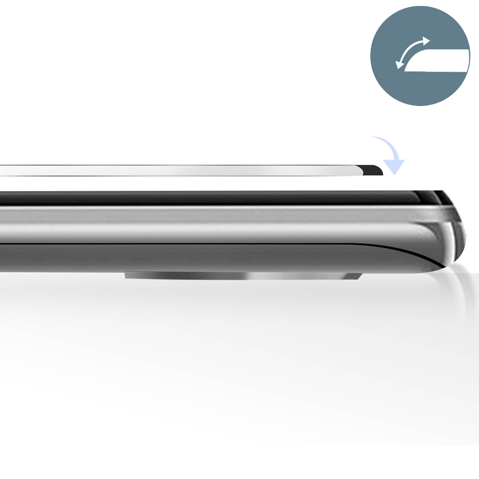 Primo piano di un dispositivo argentato con freccia blu e icona circolare.