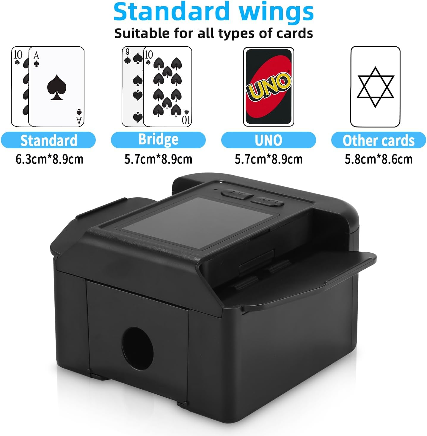 Schwarzer Kartenmischer mit Beispielen für Standard-, Bridge-, UNO- und andere Kartengrößen.