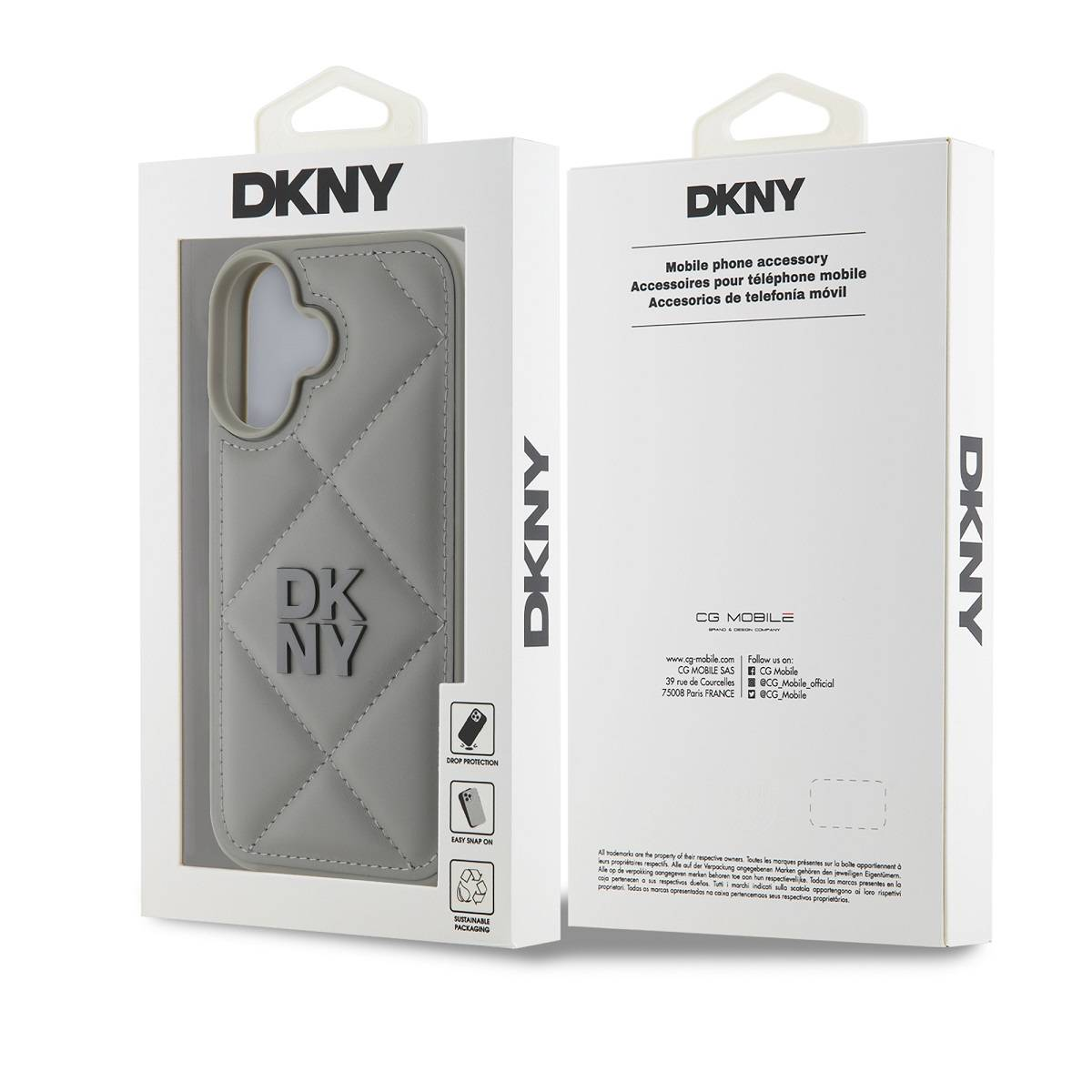 Custodia grigia DKNY per telefono con motivo trapuntato e logo su confezione bianca.