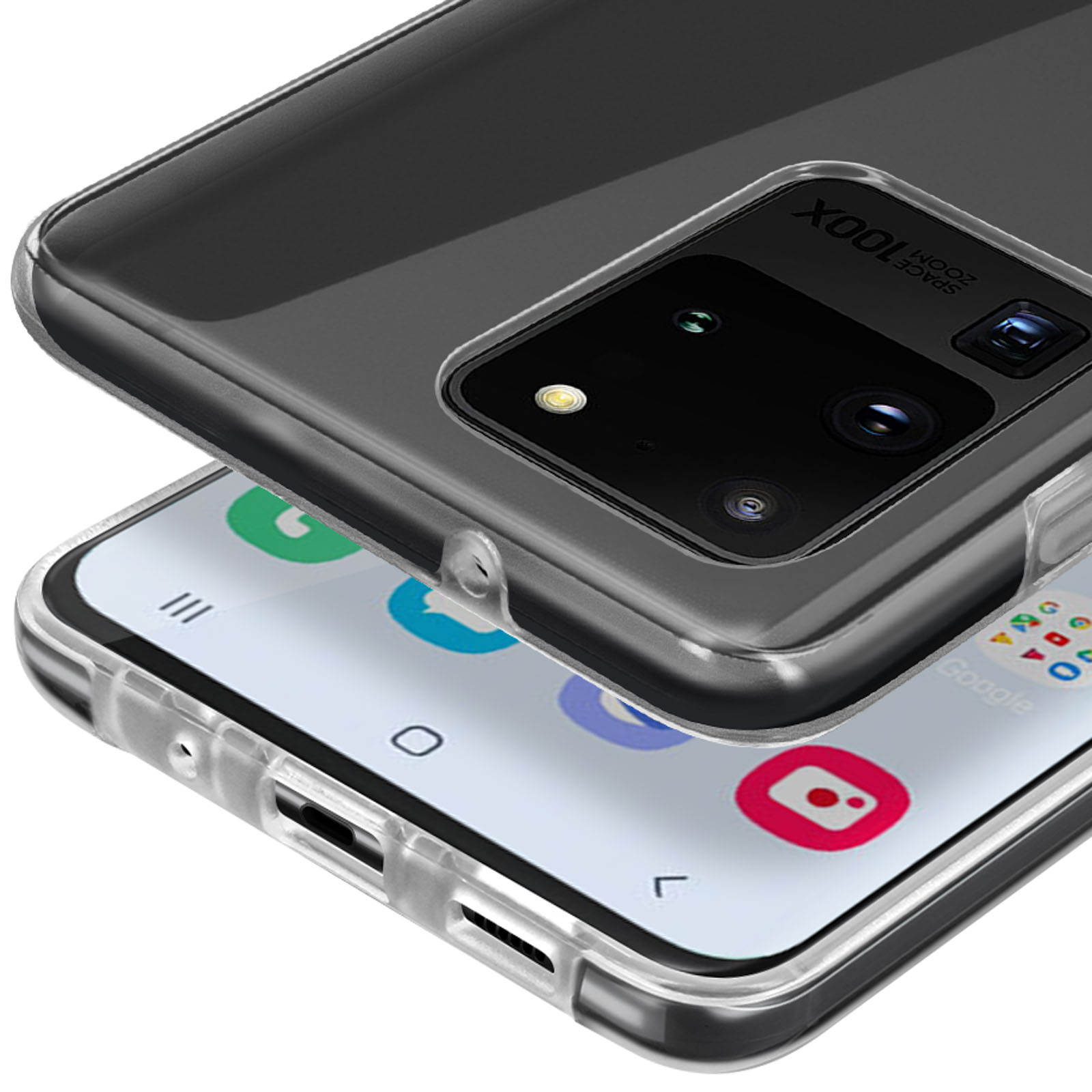 Una custodia trasparente copre parzialmente uno smartphone con obiettivi della fotocamera.