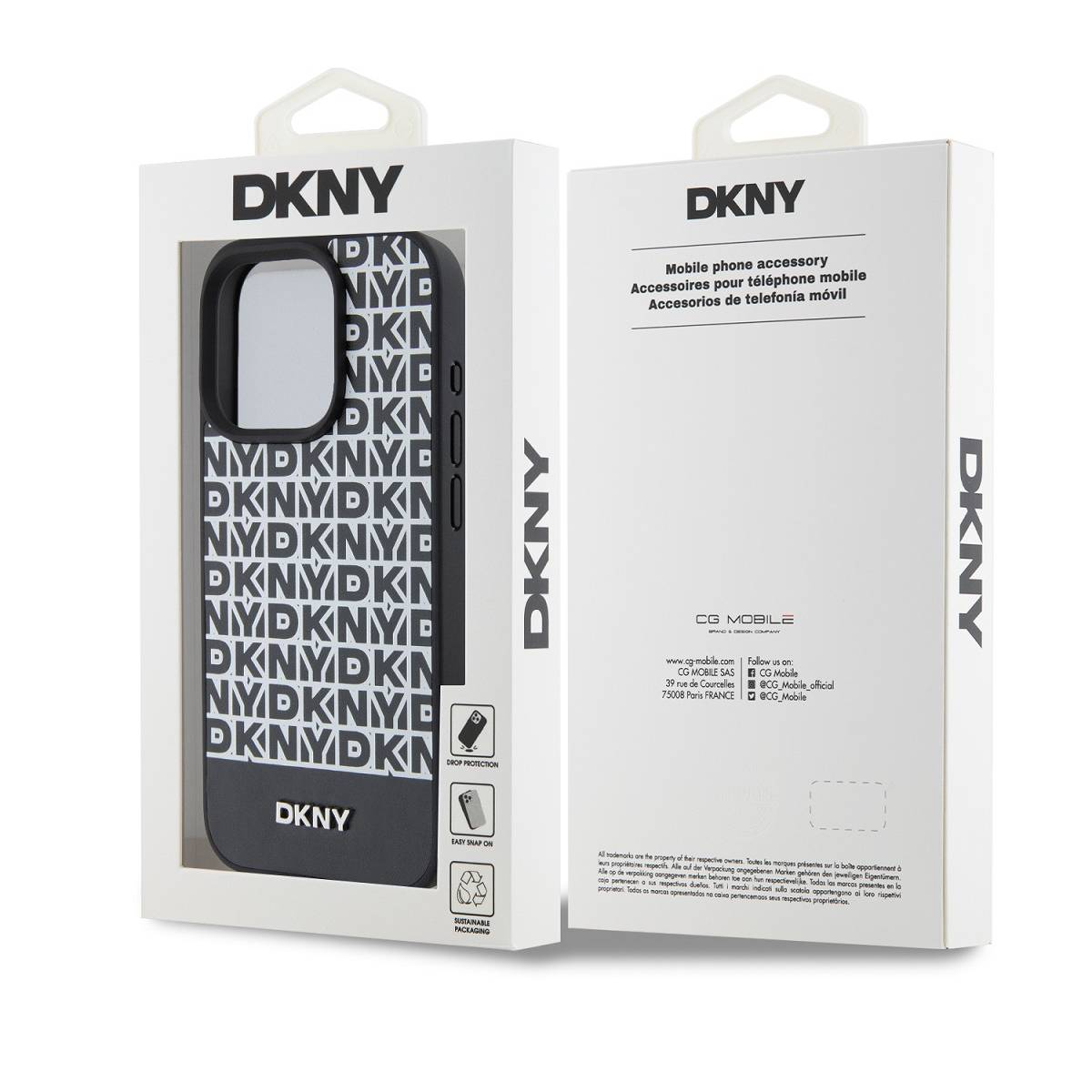 Custodia iPhone DKNY in confezione con logo e motivo DKNY.