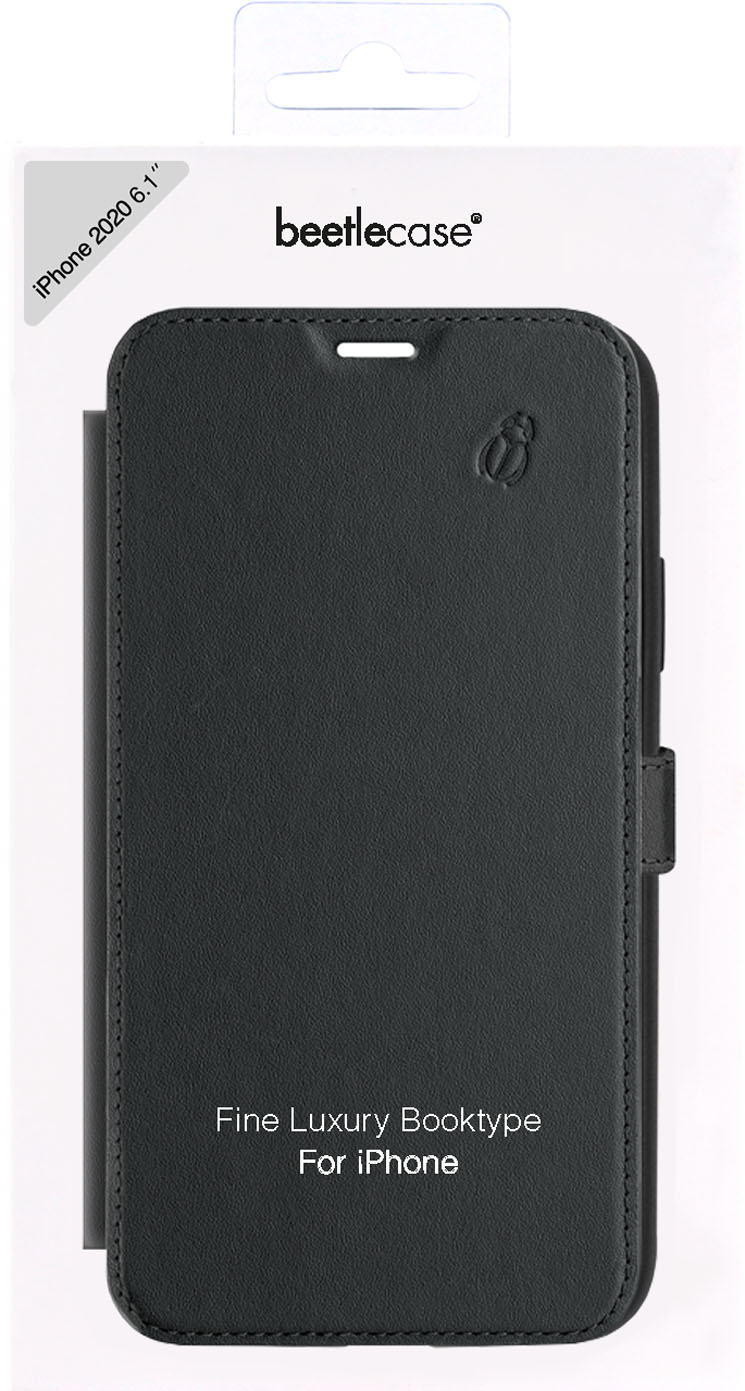 Custodia nera per iPhone 12 con logo e scritta Beetlecase.