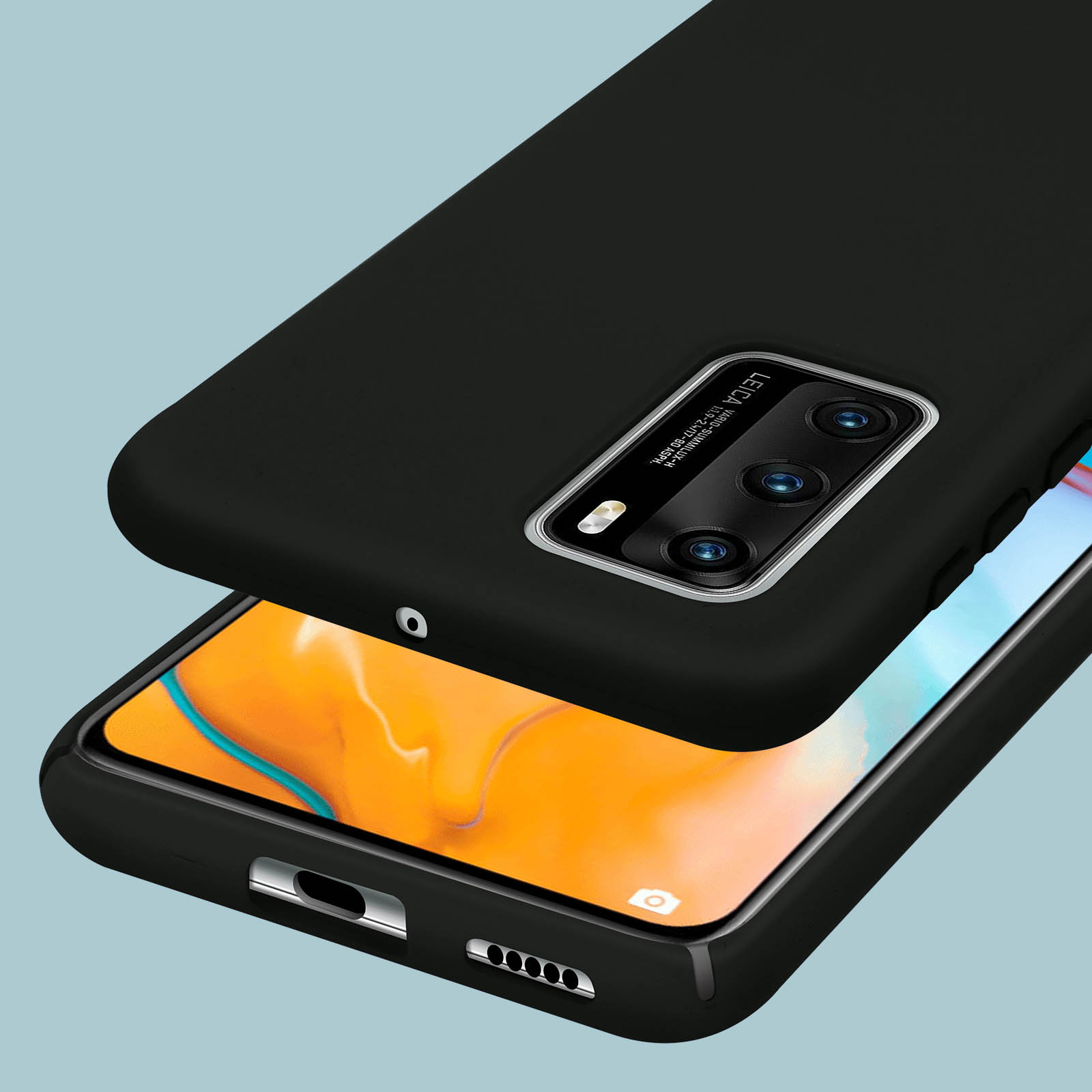 Zwarte telefoonhoes over een smartphone met oranje achtergrond.