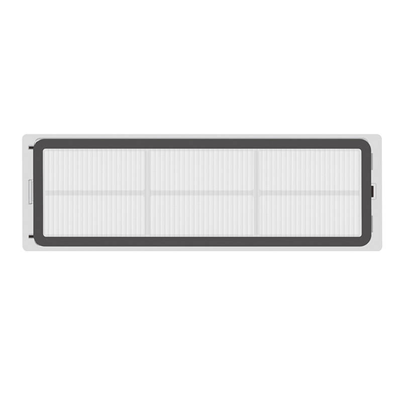 Un filtro rectangular blanco con bordes grises y pliegues verticales.