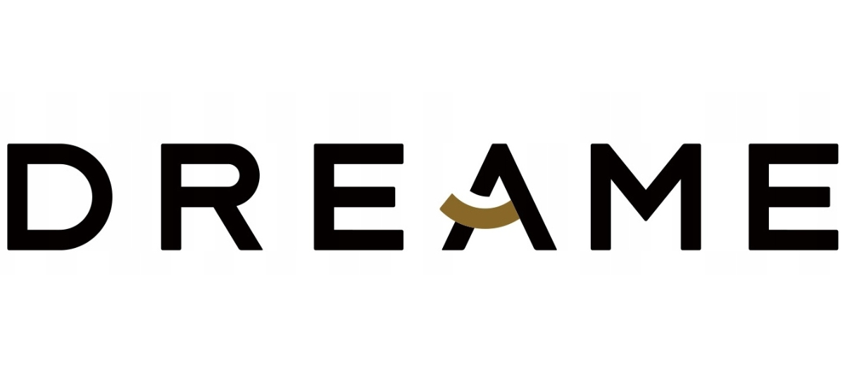 DREAM E: Texto negro con un arco dorado sobre la A