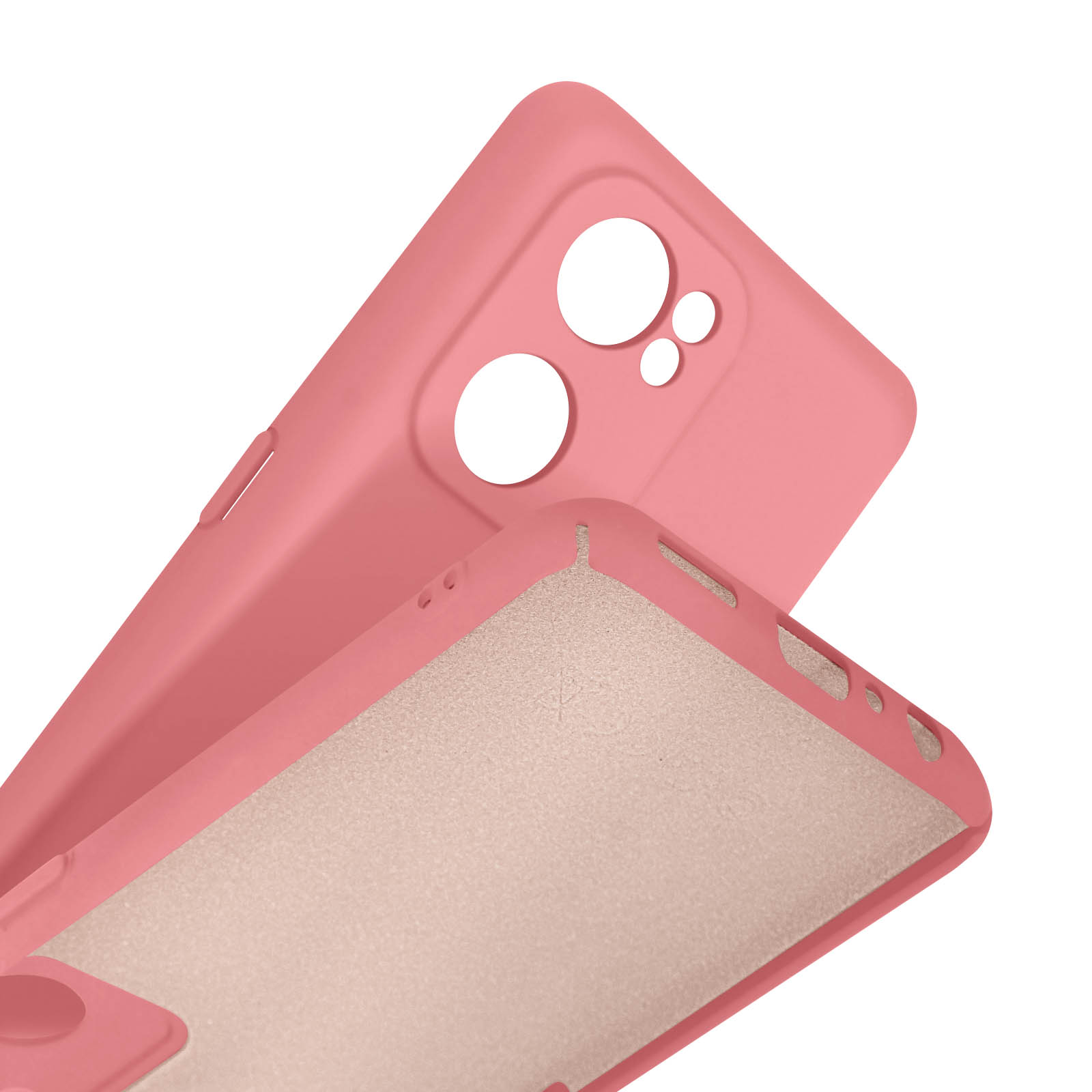 Una custodia per telefono rosa con ritagli per fotocamera e pulsanti.