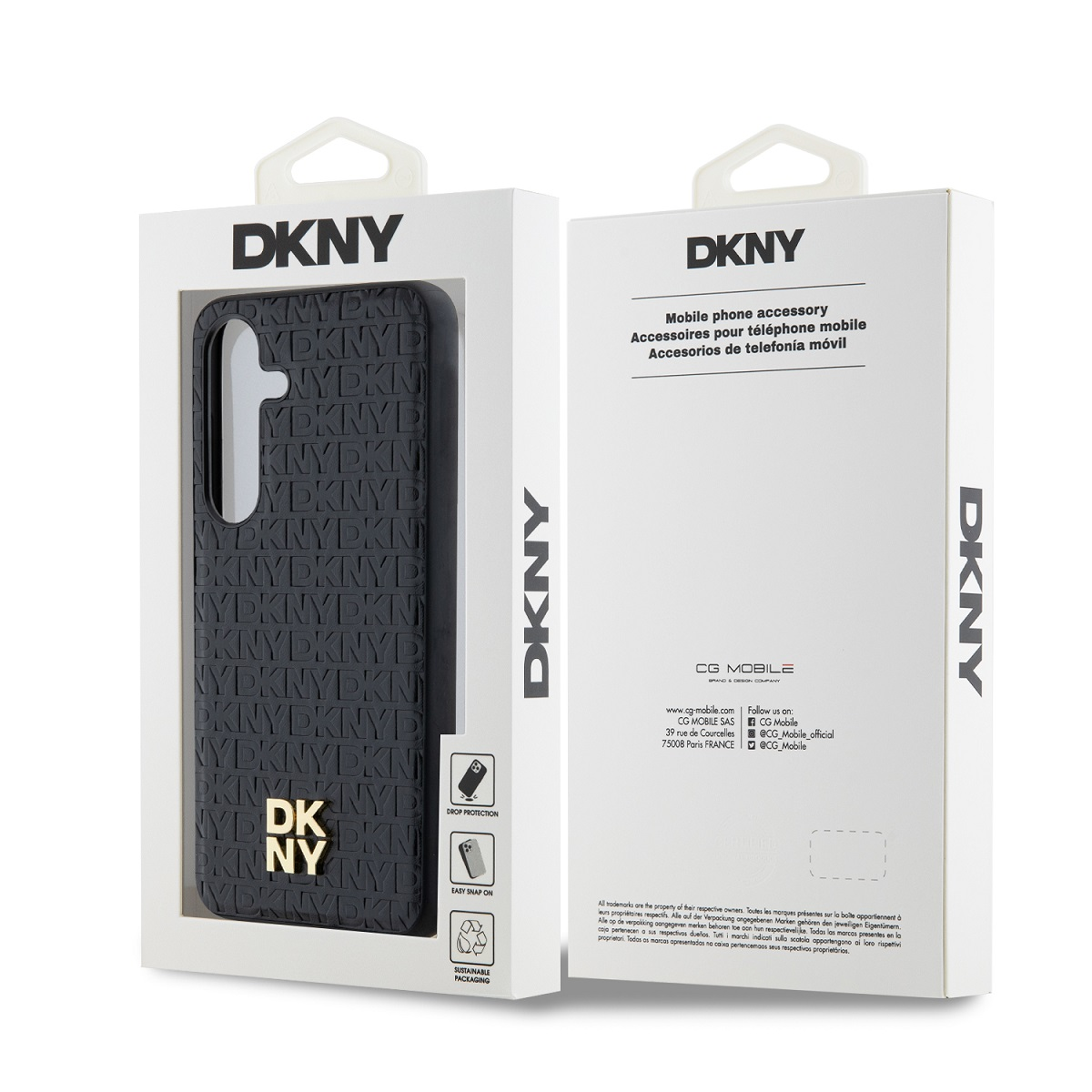 Una cover nera DKNY per telefono con motivo logo e la sua confezione.