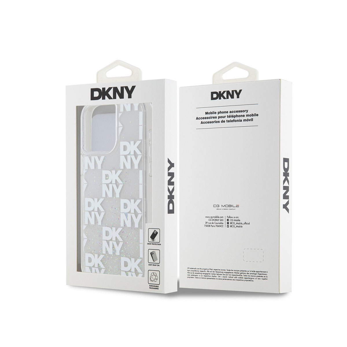 Confezione di cover per telefono DKNY con motivo ripetuto del logo DKNY. Viste sinistra e destra.