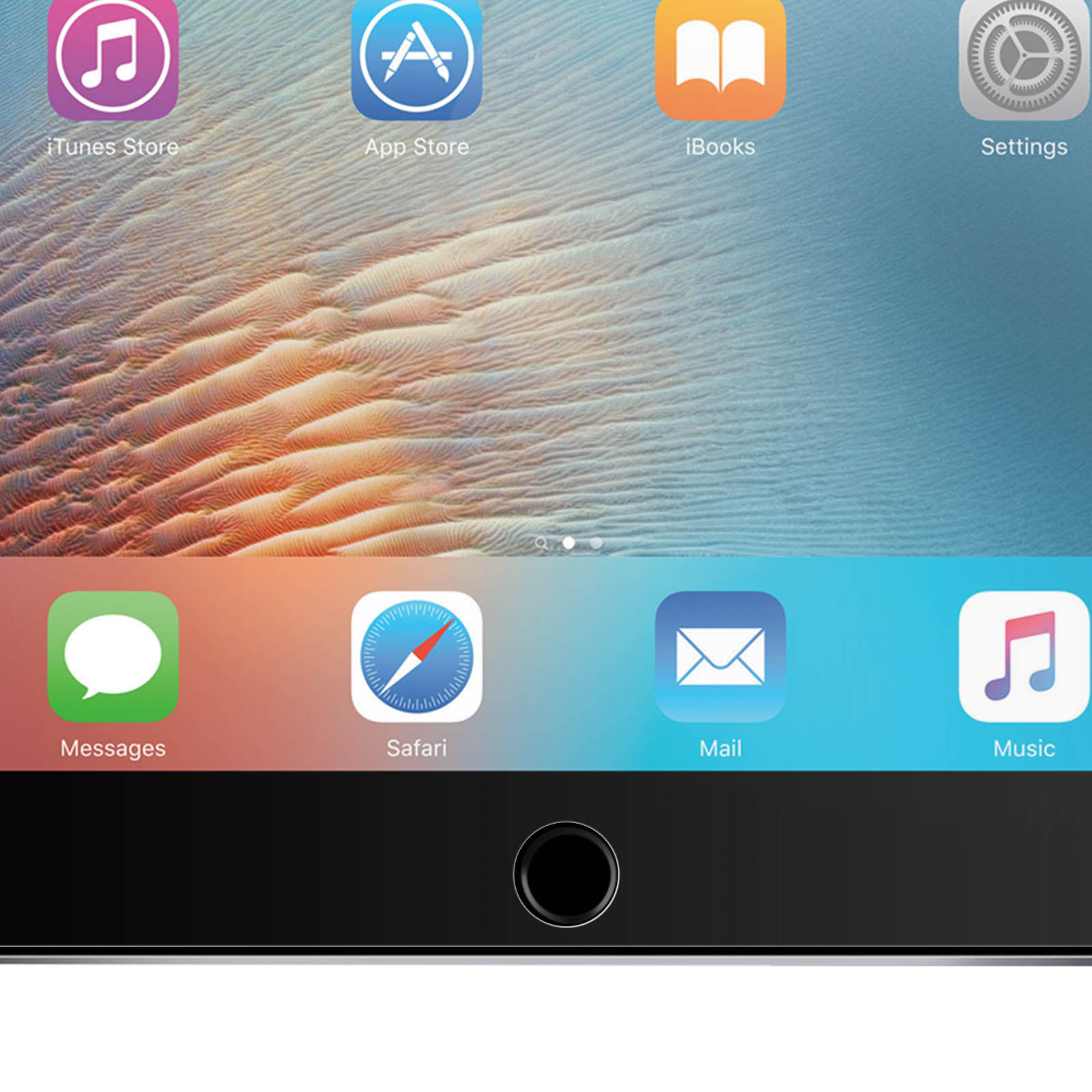 Schermo iPad con app: iTunes Store, App Store, iBooks, Impostazioni, Messaggi, Safari, Mail, Musica.