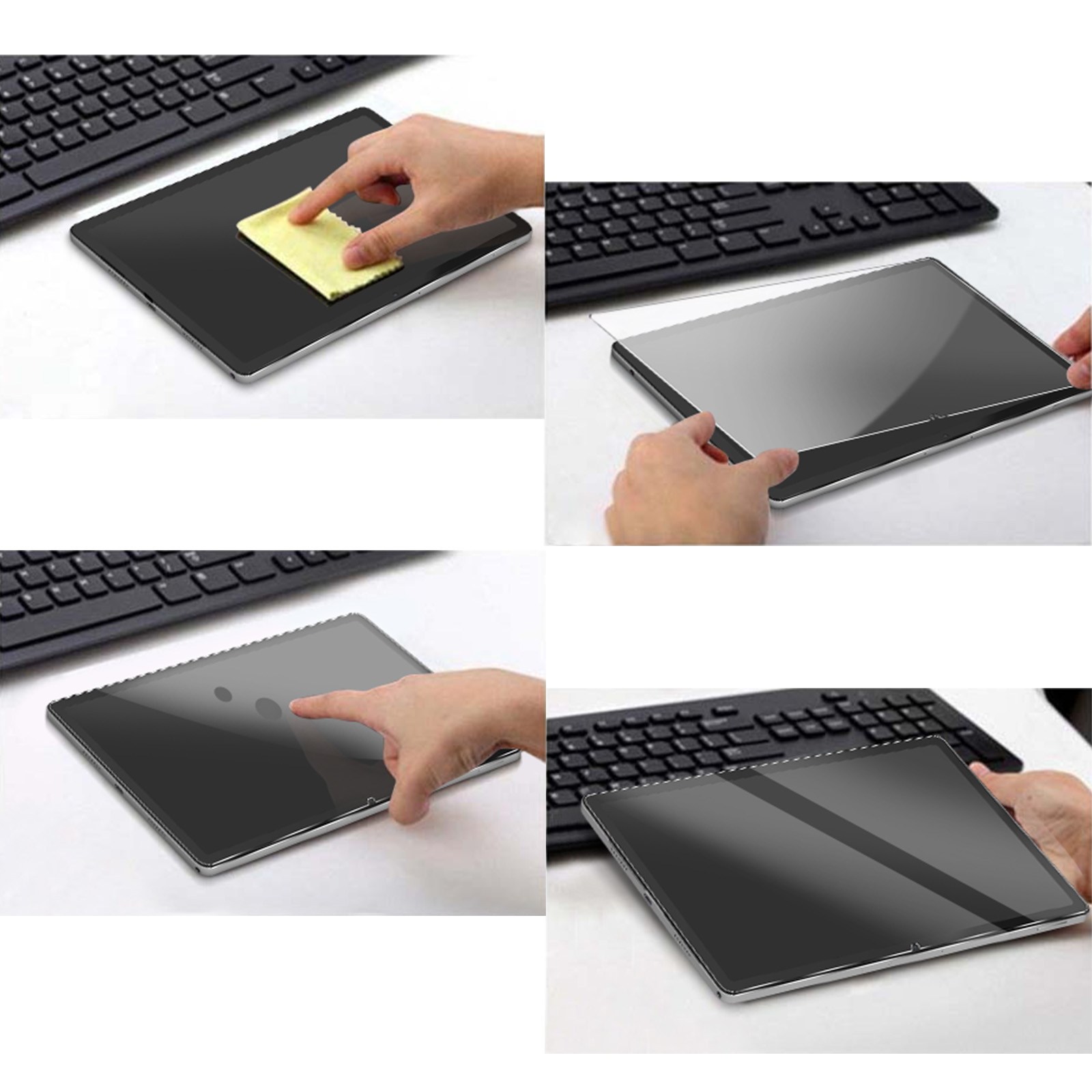 Pulizia, applicazione e test di una pellicola protettiva per schermo su tablet accanto a tastiera.