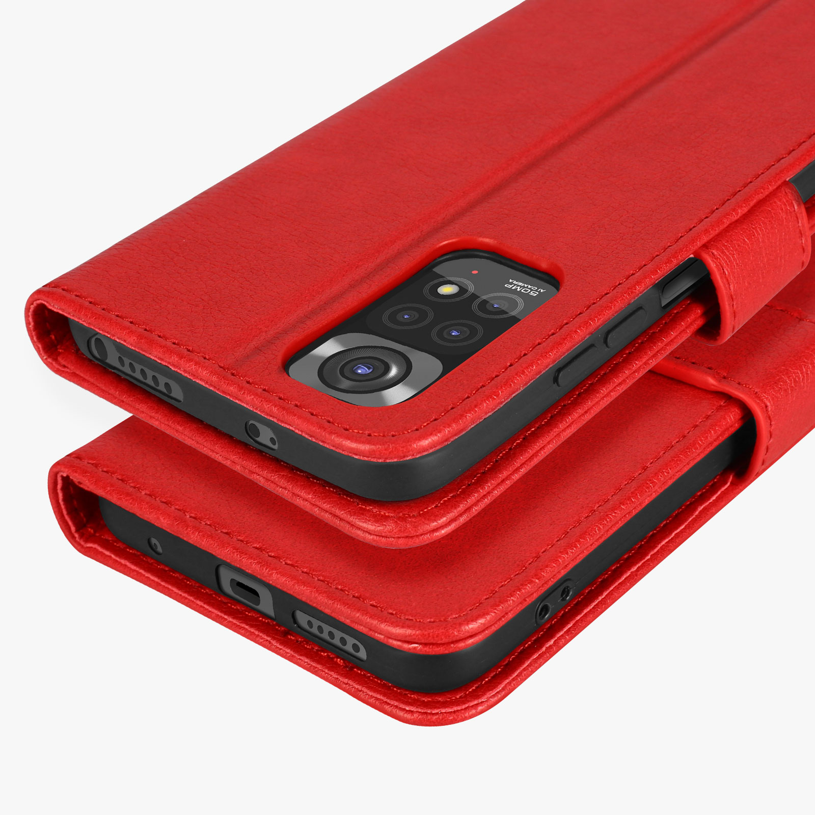 Custodia rossa in pelle per telefono con modulo fotocamera.