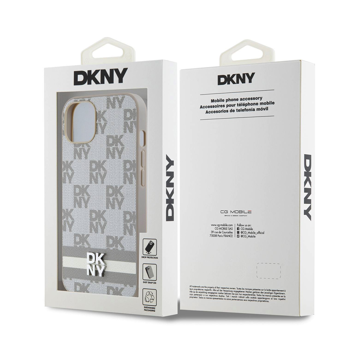Confezione di custodia per telefono DKNY con motivo a logo DKNY ripetuto.