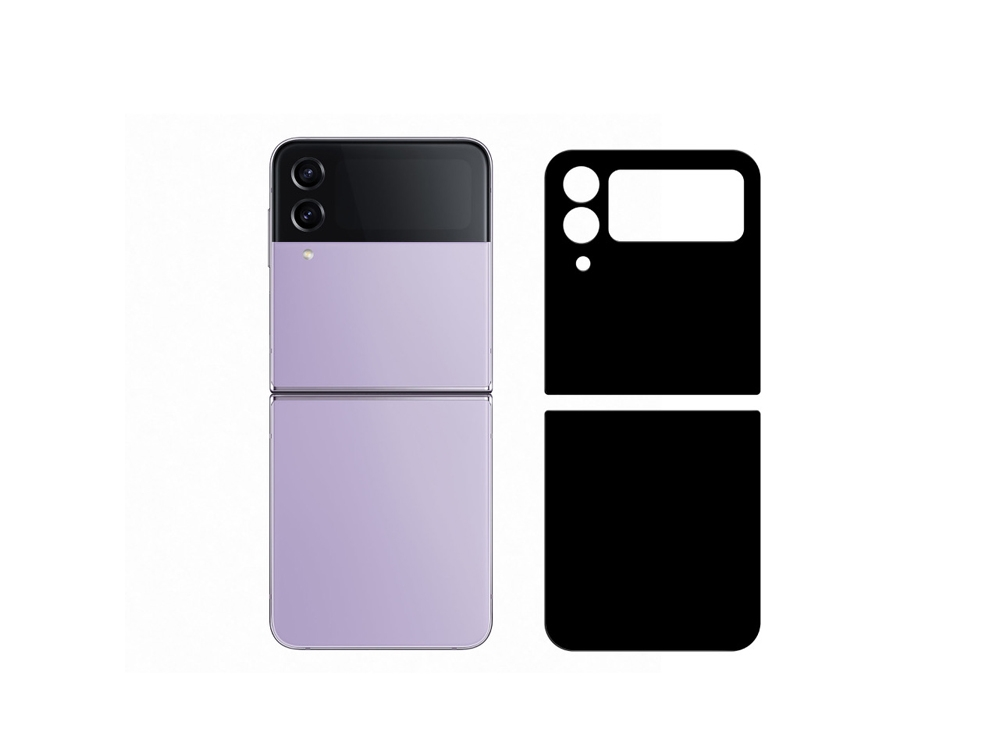 Uno smartphone viola chiuso accanto a uno stencil nero.