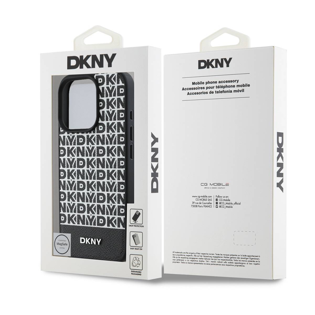 Custodia DKNY in confezione con motivo DKNY ripetuto e informazioni.