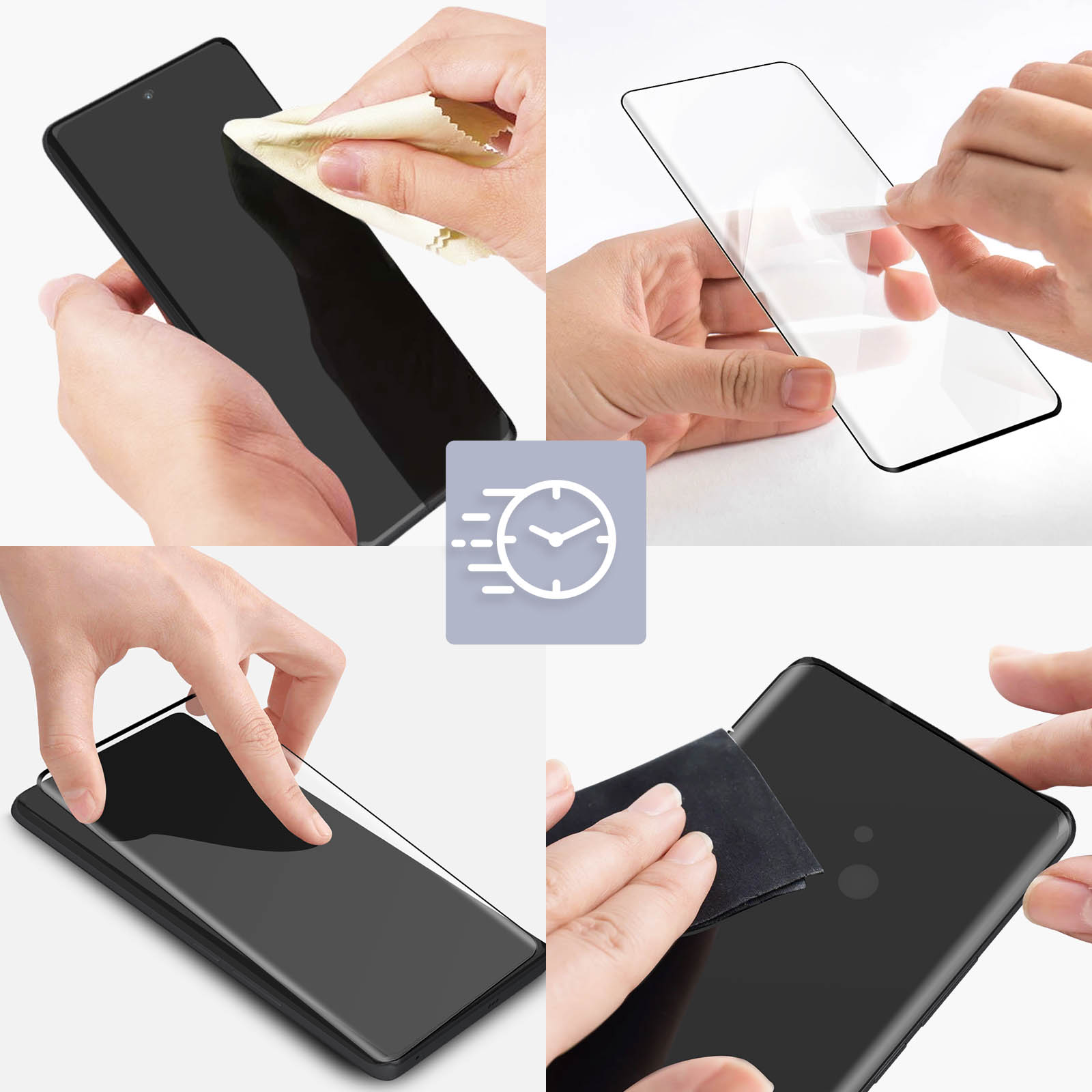 Quattro immagini mostrano l'applicazione di una protezione per schermo su uno smartphone.