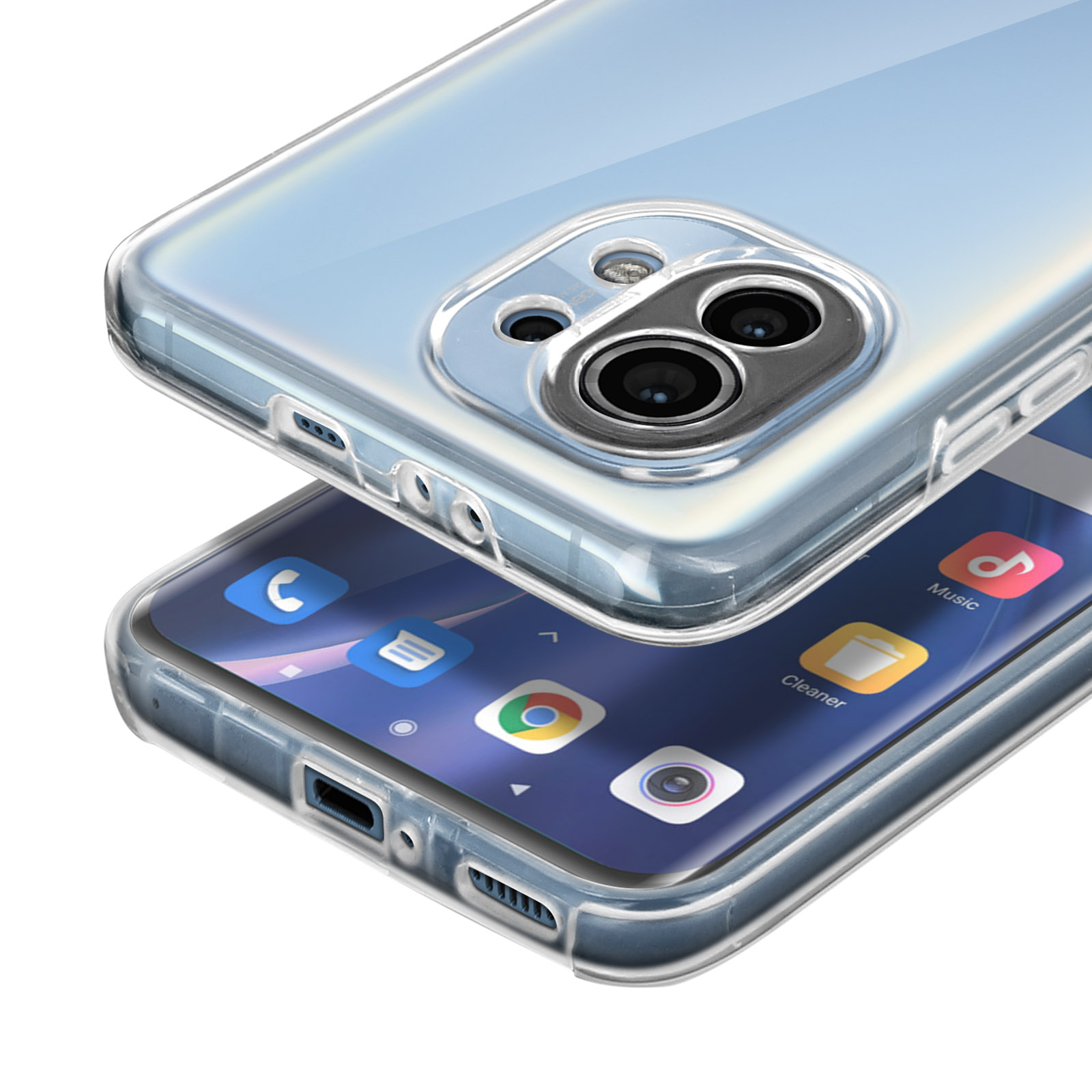 Cover trasparente per telefono con modulo fotocamera e schermo smartphone visibile.