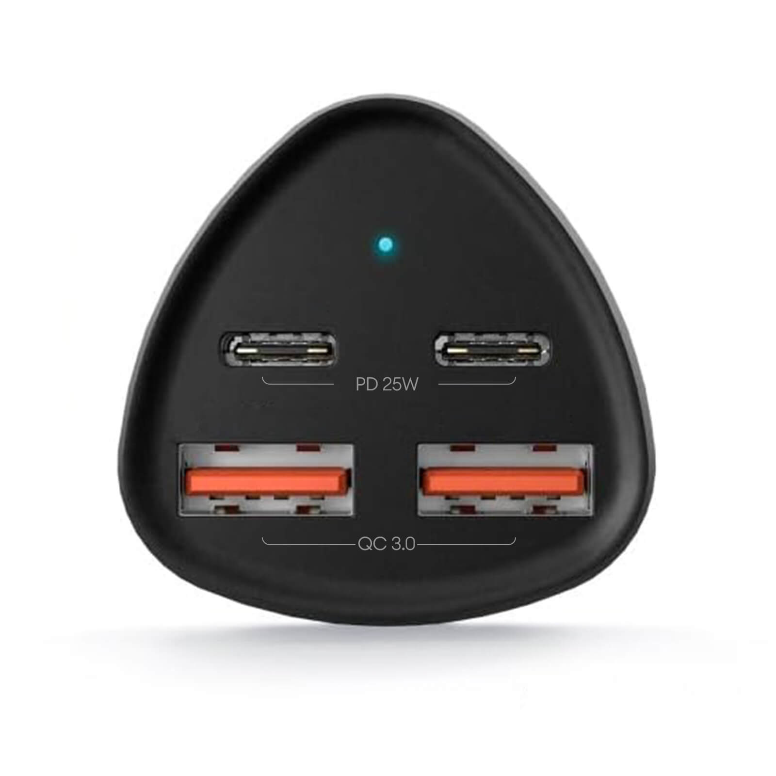 Caricatore nero con 2 porte USB-C, 2 porte USB-A e indicatore LED blu.