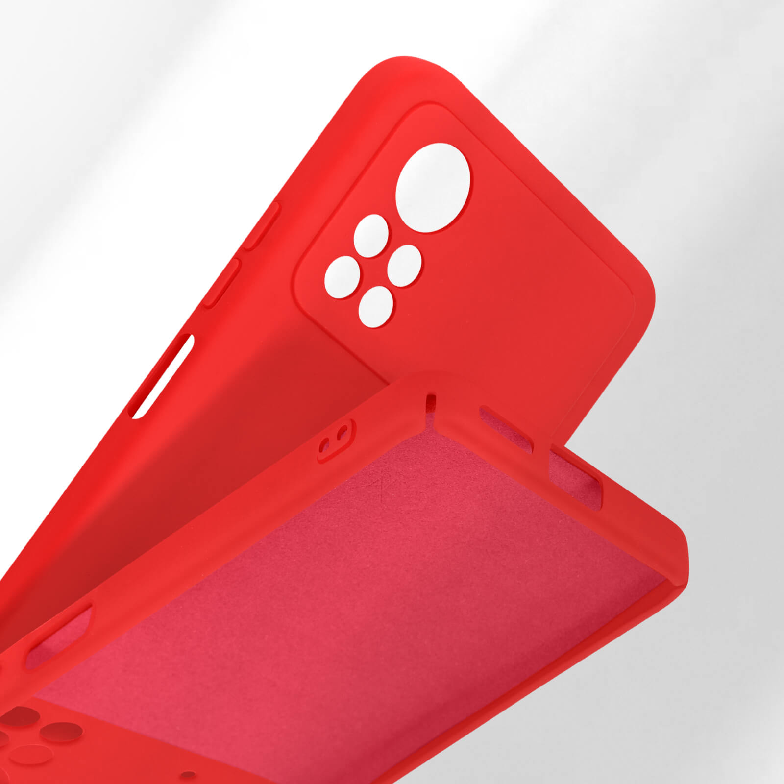 Custodia rossa per telefono con ritagli per fotocamera e pulsanti, fodera interna morbida.