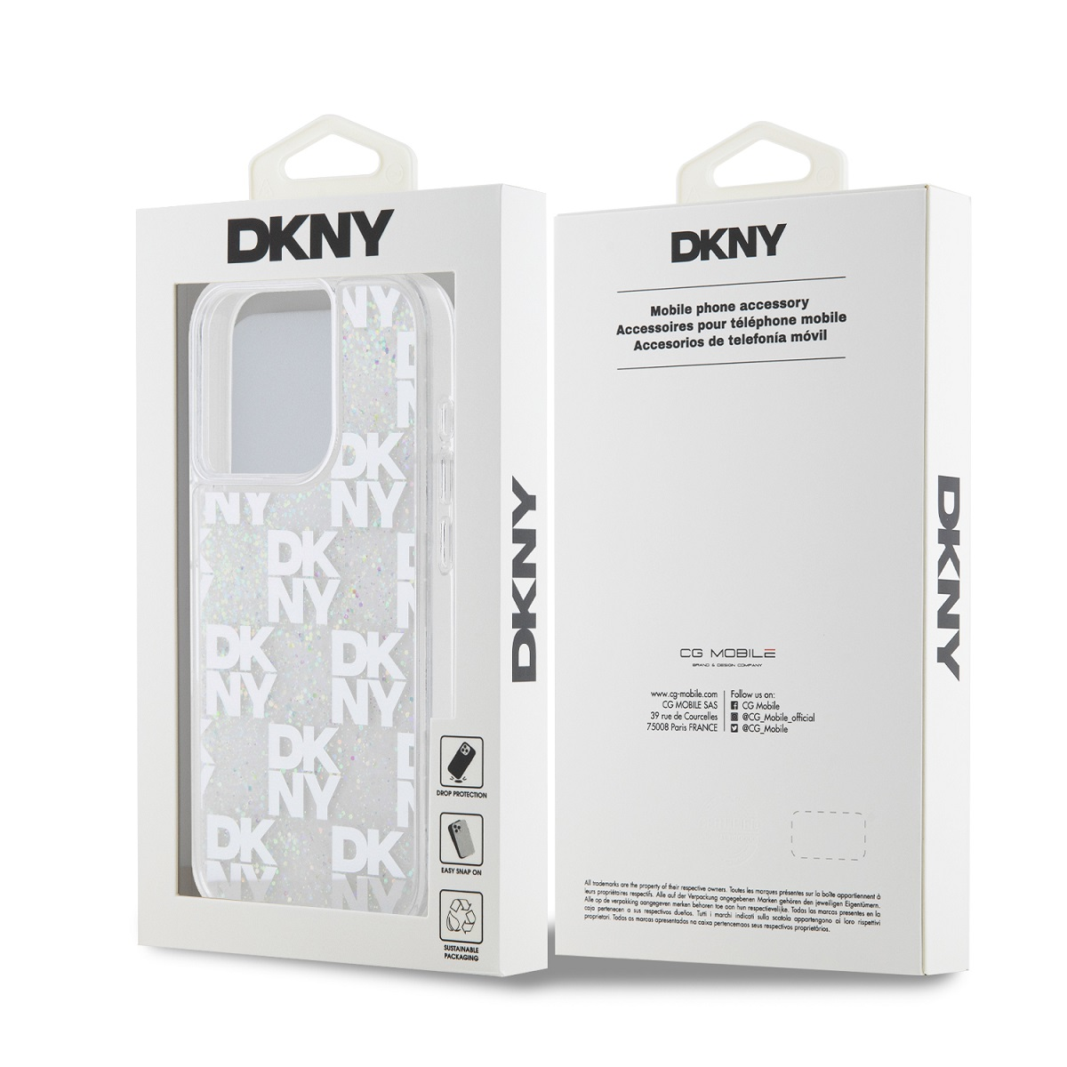 Custodia per telefono DKNY con motivo glitter, in confezione bianca.