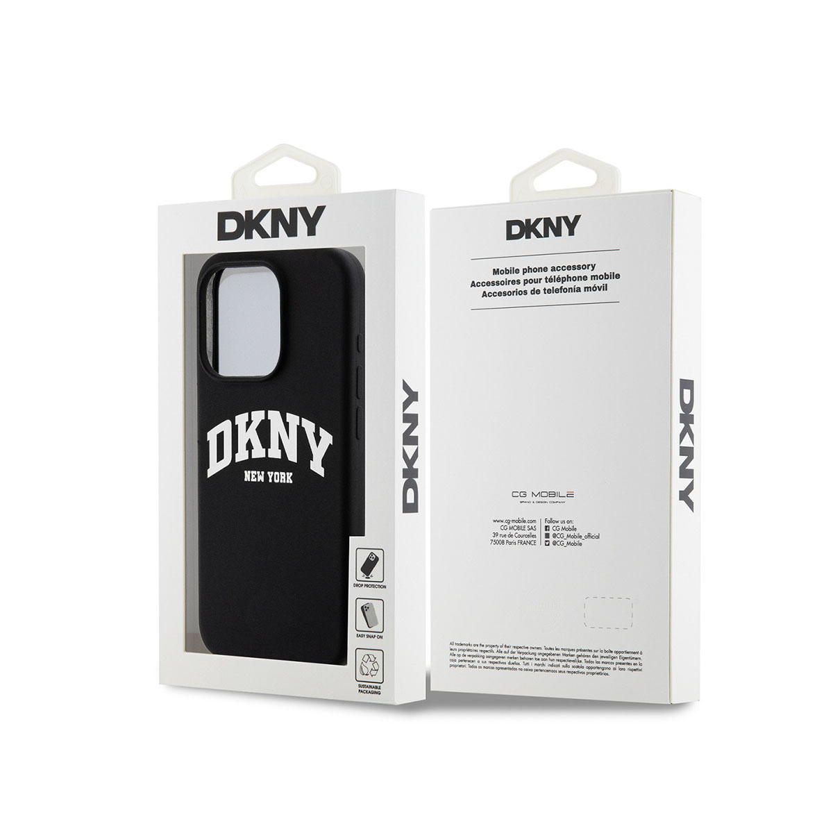 Custodia nera DKNY con logo "DKNY NEW YORK" su confezione bianca.