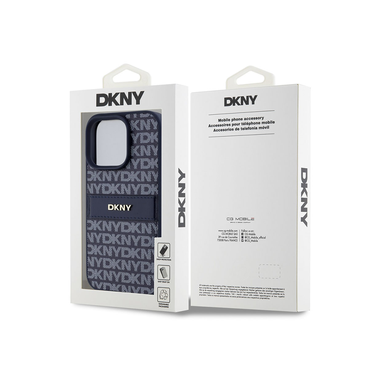 Custodia per telefono DKNY con logo DKNY ripetuto sul davanti, in confezione bianca.