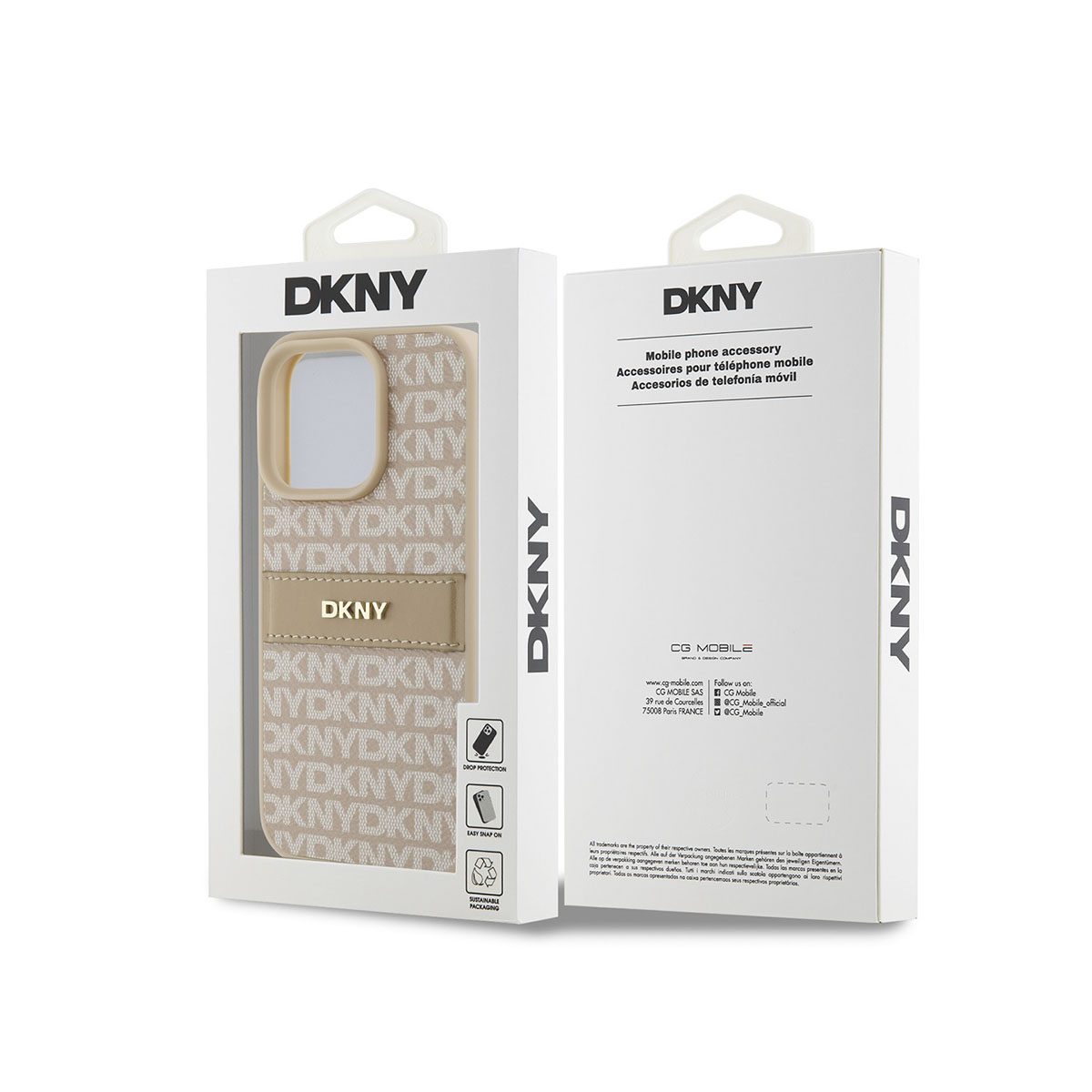 Custodia DKNY beige con stampa logo all-over e cinturino in pelle.