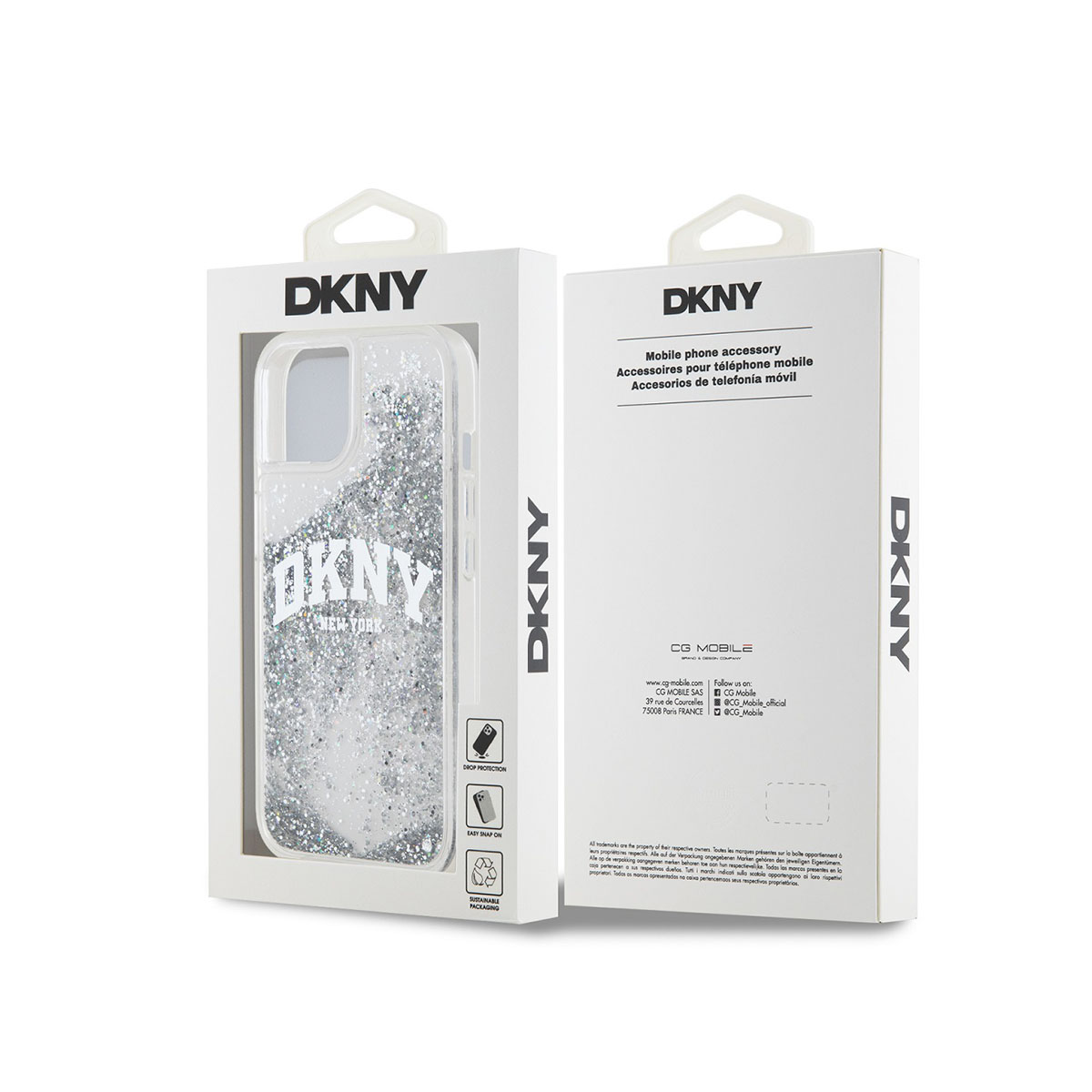 Confezione con cover per telefono DKNY, glitterata, con logo e scritta New York.