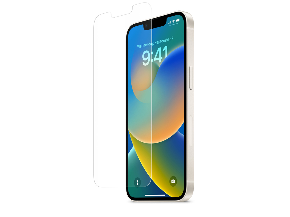 Una protezione schermo e un iPhone 14 che mostra la schermata di blocco.