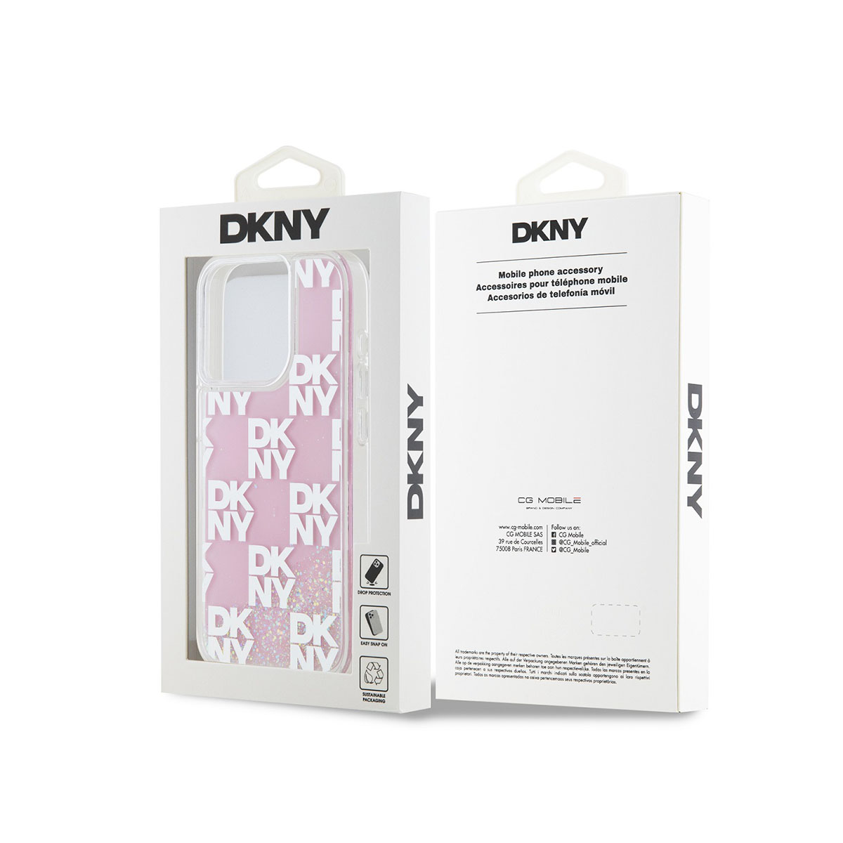 Confezione di cover DKNY rosa con logo e finestra trasparente.