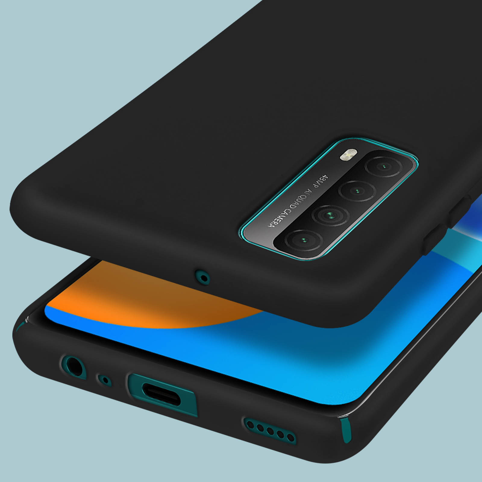 Zwarte telefoonhoes gedeeltelijk verwijderd onthult telefoonscherm met oranje en blauwe kleuren.