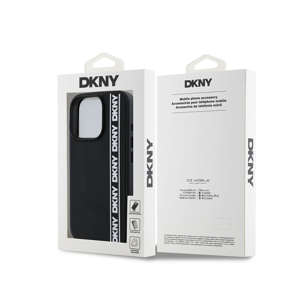 Confezione per cover telefono DKNY con testo logo ripetuto e dettagli prodotto.