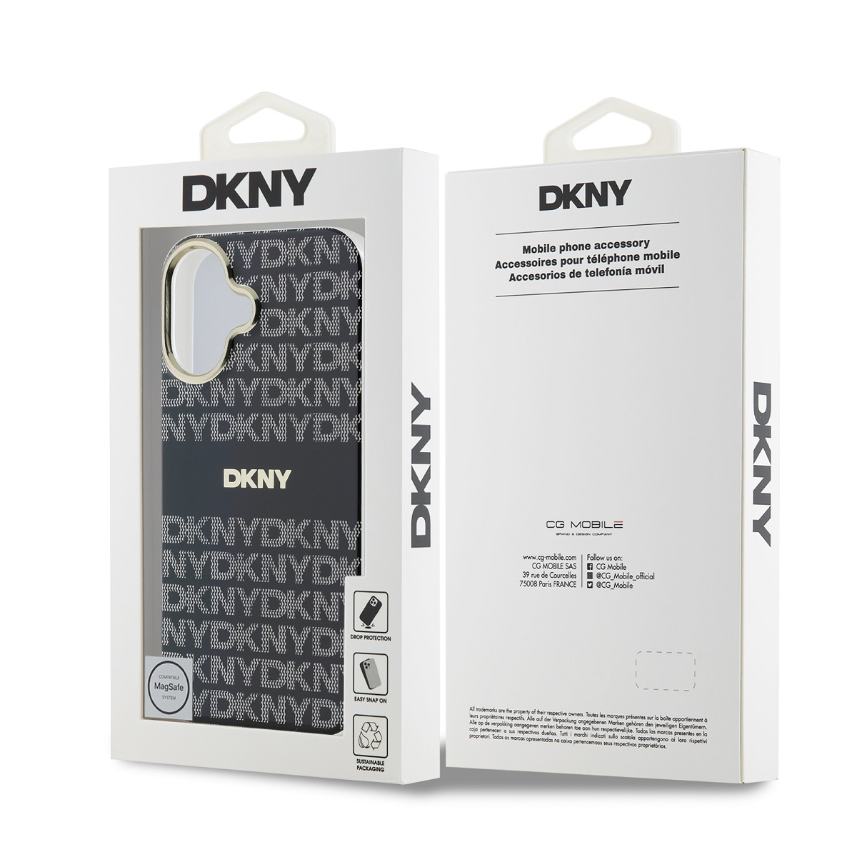 Custodia DKNY per telefono in confezione, con motivo logo e compatibilità MagSafe.